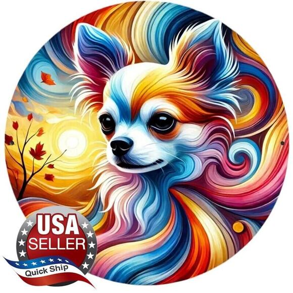 Vibrant Rainbow-Colored Foil Engraved Chihuahua Metal Sign Décor • Round 8x8in - Picture 1 of 10